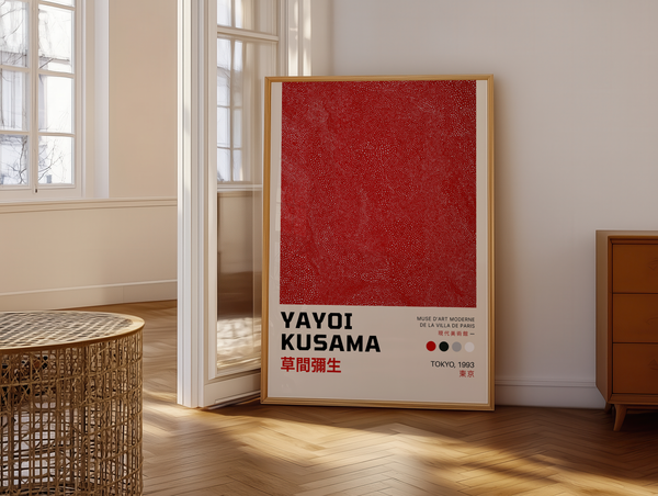 Red Infinity – Yayoi Kusama plakat med rødt mønster af små prikker i abstrakt design – moderne kunstplakat.