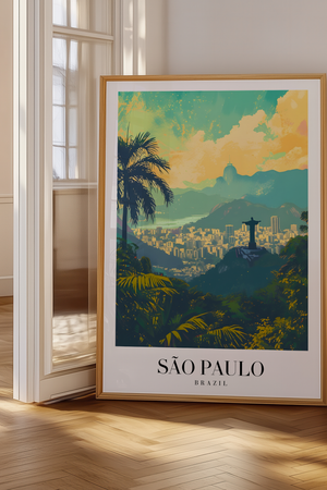 São Paulo Brazil byplakat med skyline og tropisk natur – farverig rejseplakat.