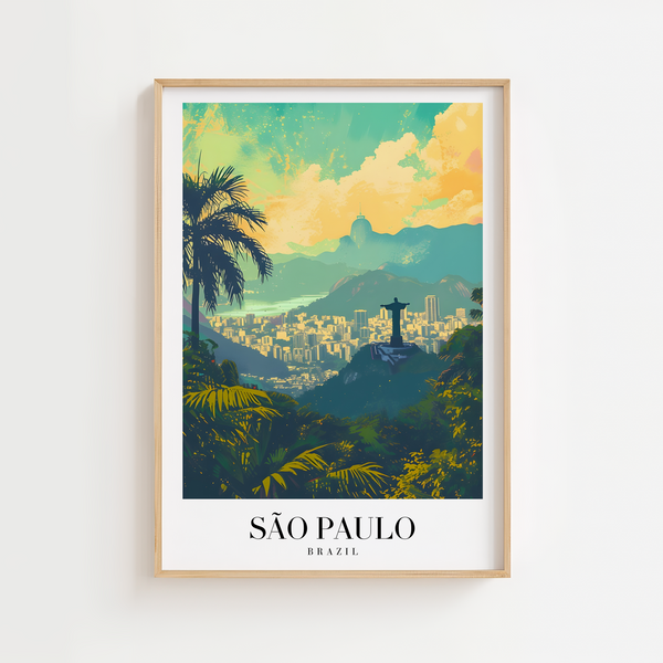 São Paulo Brazil byplakat med skyline og tropisk natur – farverig rejseplakat.