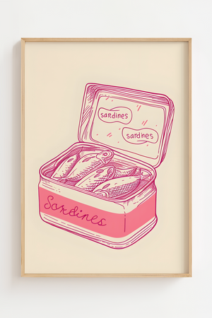 Retro plakat med pink tegning af sardiner i dåse – humoristisk køkkenplakat.