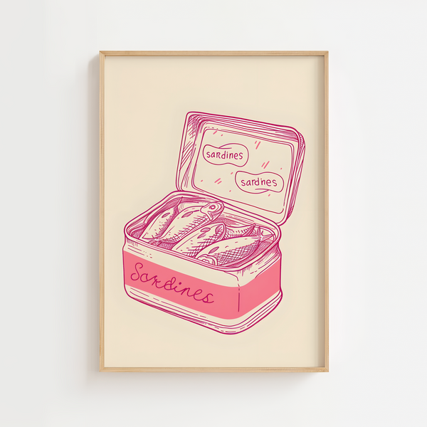Retro plakat med pink tegning af sardiner i dåse – humoristisk køkkenplakat.
