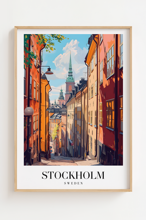 Stockholm Sverige byplakat med farverige huse og gader i Gamla Stan.