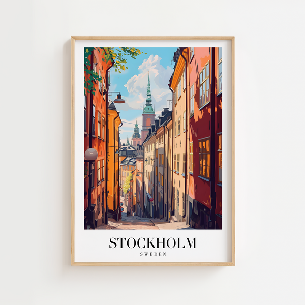 Stockholm Sverige byplakat med farverige huse og gader i Gamla Stan.