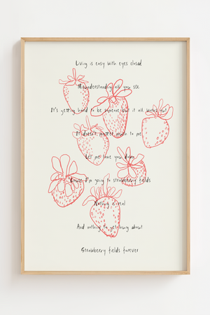 Strawberry Lines &amp; Balance Plakat kombinerer håndtegnede jordbær i fine røde linjer med poetisk tekst