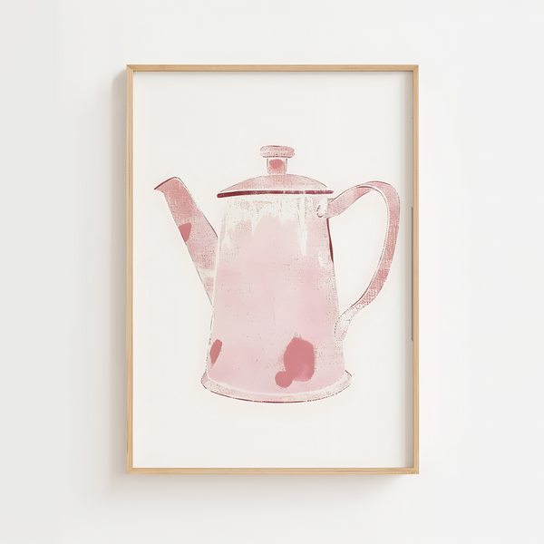 Retro plakat med lyserød tekande på lys baggrund i træramme – perfekt som køkkenplakat eller vintage vægkunst.

