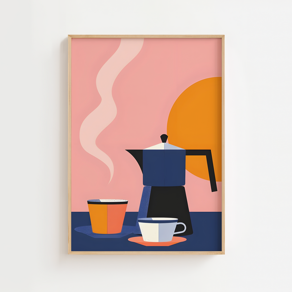Plakat med moka-kande, kaffekopper og solrig baggrund i moderne farver – perfekt køkkenplakat.