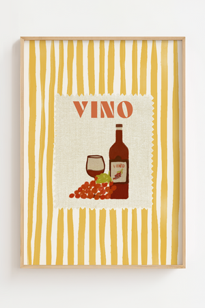 Gul vinplakat, flot illuistreret VINO med glas fra rødvin