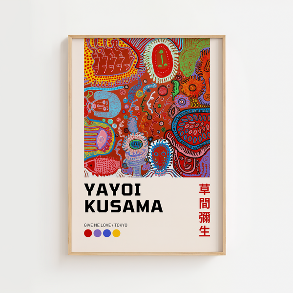 Give Me Love – Yayoi Kusama plakat med ikoniske farverige prikker – moderne kunstplakat i legende og grafisk design.
