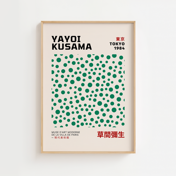 Dots in Green – Yayoi Kusama plakat med ikoniske grønne prikker i moderne, minimalistisk kunstdesign.