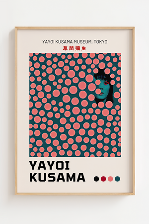 Hidden Face – Yayoi Kusama plakat med ikoniske prikker og skjult ansigt i farverigt grafisk design – moderne kunstplakat.