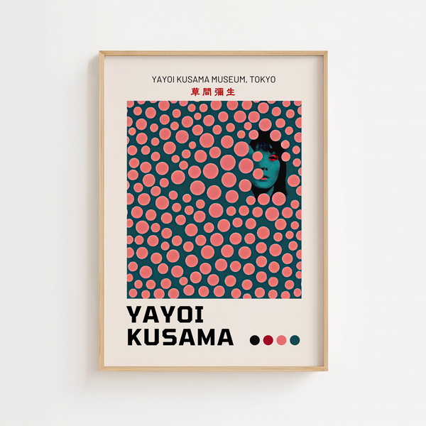 Hidden Face – Yayoi Kusama plakat med ikoniske prikker og skjult ansigt i farverigt grafisk design – moderne kunstplakat.