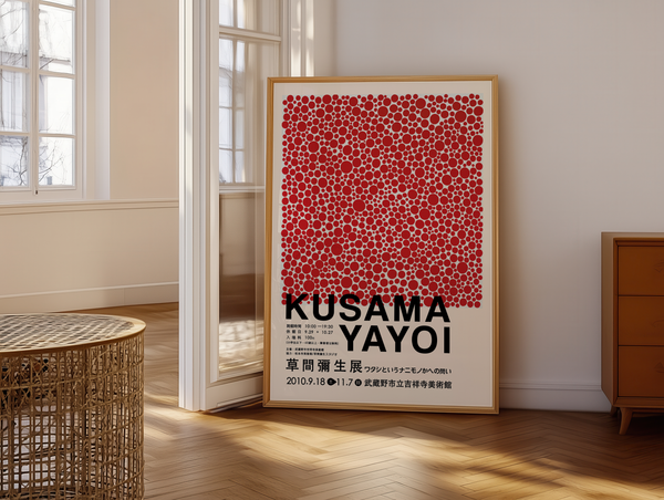 Dot Field – Yayoi Kusama plakat med røde prikker i klassisk mønster – moderne kunstplakat.