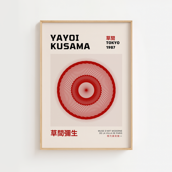 Red Circle – Yayoi Kusama plakat med røde cirkler i hypnotisk grafisk mønster – moderne kunstplakat i minimalistisk stil.