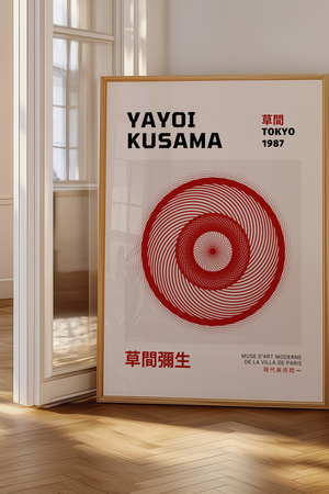 Red Circle – Yayoi Kusama plakat med røde cirkler i hypnotisk grafisk mønster – moderne kunstplakat i minimalistisk stil.