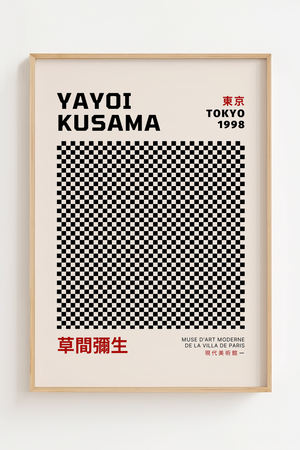 Infinity Squares – Yayoi Kusama plakat med sort-hvidt kvadratisk mønster i optisk design – moderne kunstplakat.