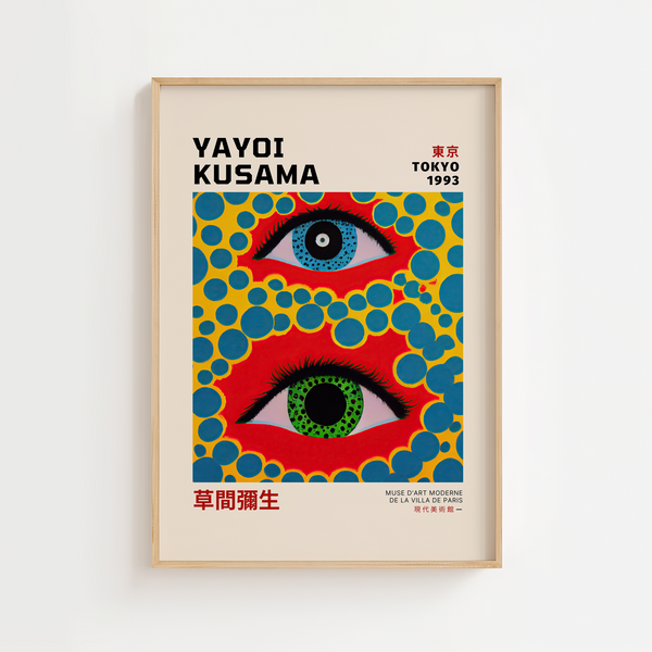 Tokyo Eyes – Yayoi Kusama plakat med farverige øjne og blå prikker på rød baggrund – moderne kunstplakat i grafisk stil.