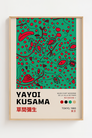 Green Vision – Yayoi Kusama plakat med grøn baggrund, røde prikker og sorte organiske former – farverig kunstplakat.