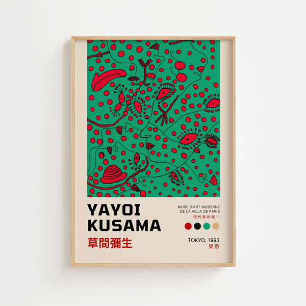 Green Vision – Yayoi Kusama plakat med grøn baggrund, røde prikker og sorte organiske former – farverig kunstplakat.