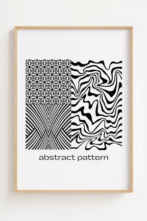 Abstrakte mønstre plakat med fire forskellige grafiske designs i sort-hvid