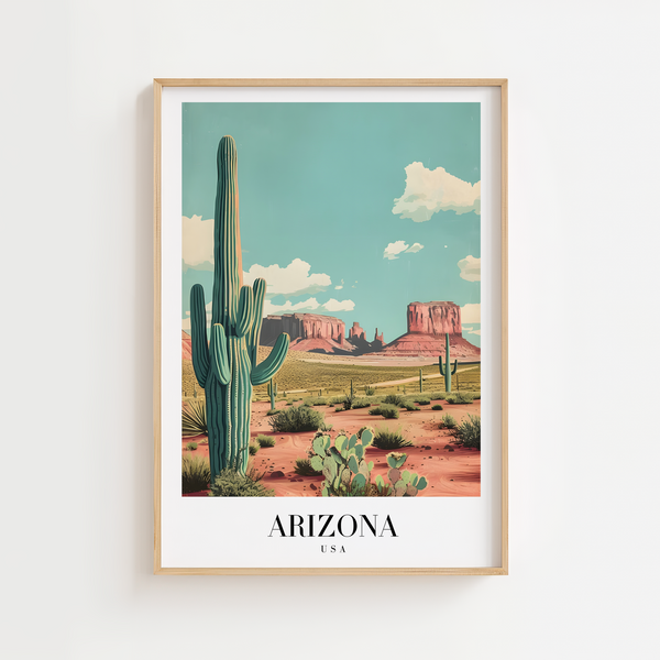 Arizona USA byplakat med kaktusser, ørken og røde klipper.