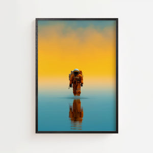 Astronaut i Ørkenen plakat med orange rumdragt og farveovergang, sort ramme