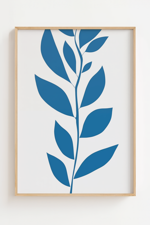 Blå botanisk gren plakat med stiliserede ellipseformede blade