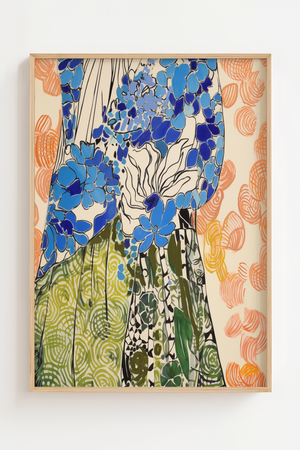 Blå hortensia plakat med grafiske mønstre og orange spiraler