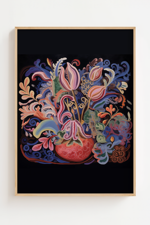 Blomstervase i ornamentik plakat med farverigt mønster og stribede tulipaner
