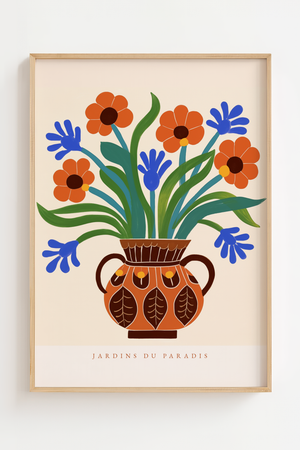 Blomstervase Jardins du Paradis plakat med orange og blå blomster i dekoreret vase