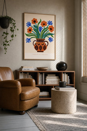 Blomstervase Jardins du Paradis plakat i lysramme ved reol i køkken