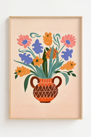 Blomstervase plakat med grafiske mønstre og farverig buket i folk art stil