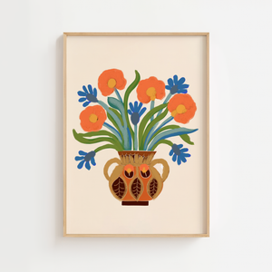 Blomstervase med orange blomster plakat med illustrerede blomster i dekoreret vase
