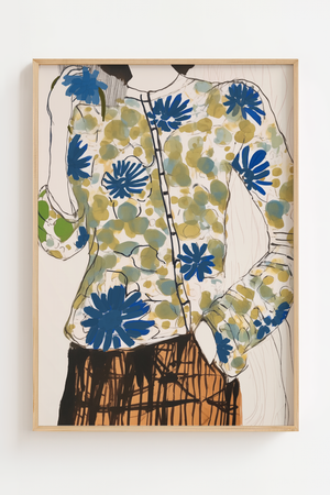 Blomstret bluse modeillustration plakat med monstera-blade og grafiske streger