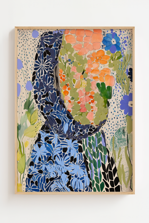 Botanisk mønsterkollage plakat med blomster og blade i blå, orange og grønne farver