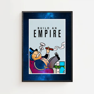 Build an Empire plakat med tegneseriefigur i jakkesæt og fed typografi, sort ramme