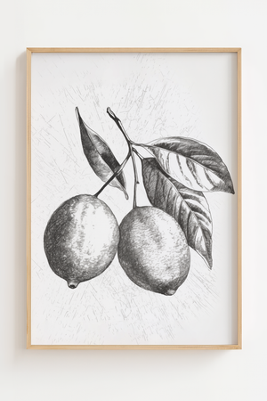 Citroner med Blade plakat med sort-hvid botanisk illustration