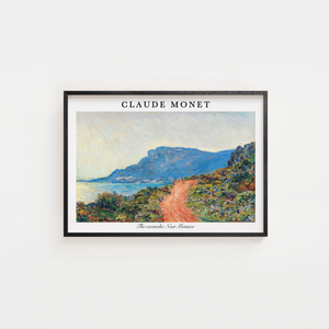 Corniche ved Monaco Monet plakat med kystlandskab i blå og korallerede nuancer, sort ramme