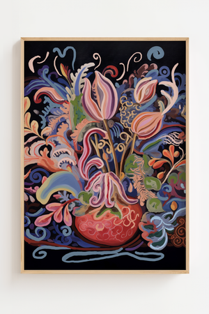 Farverig vase med tulipaner plakat i dekorativt grafisk udtryk