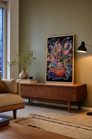 Farverig vase med tulipaner plakat i mørk ramme over sofa i stue