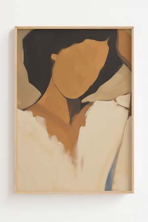 Figur i hvid skjorte plakat med kvindeprofil i beige og brune farver