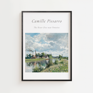 Floden Oise Pissarro plakat med impressionistisk landskab i blå og grønne toner, sort ramme