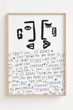 Forelsket ansigt plakat med abstrakt line art og håndskrevne kærlighedsord