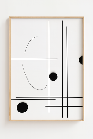 Geometrisk balance plakat med sorte linjer, kurver og cirkler på hvid baggrund