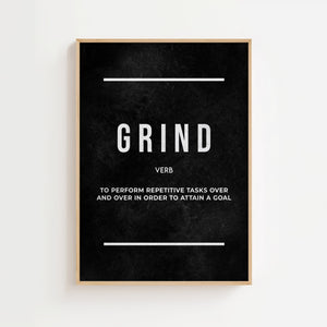 Grind Definition plakat med hvid typografi på mørk baggrund