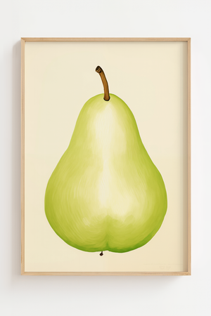 Grøn pære plakat med enkelt frugtillustration i gule og grønne farver