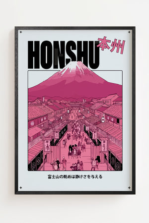 Honshu Mount Fuji plakat med japansk bylandskab i lyserøde og magenta toner, sort ramme