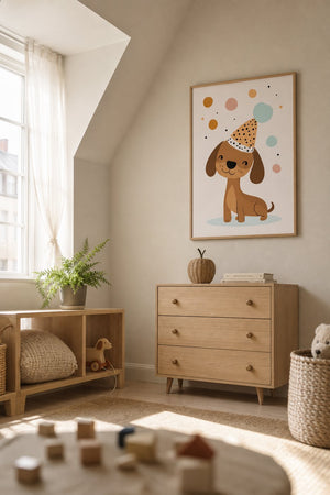 Hund med Festhat plakat i lyserød ramme ved skrivebord i børneværelse