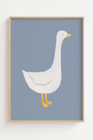 Hvid gås illustration plakat med grafisk fuglemotiv på blå baggrund