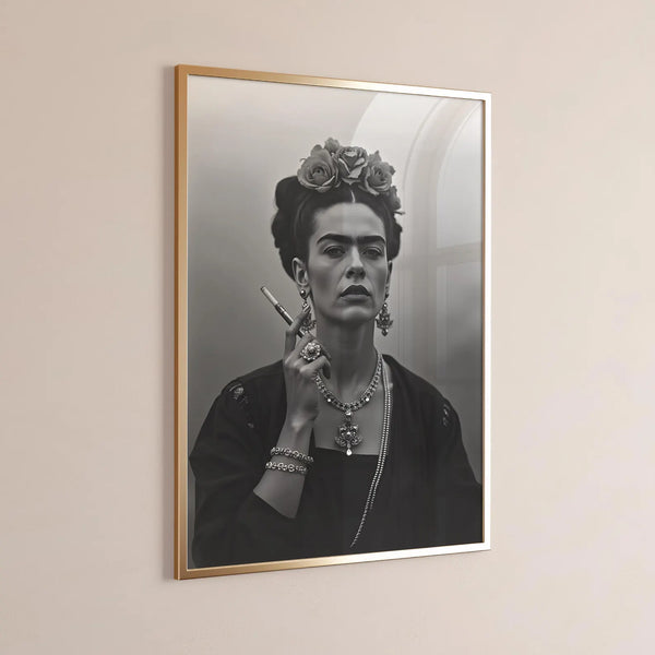 Smoking Icon – Frida Kahlo Plakat i sort-hvid med ikonisk portræt af Frida Kahlo med cigaret. Kunstplakat med stærk attitude til boligindretning