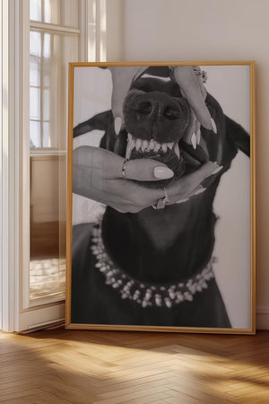 Diamond Bite – Fashion plakat med doberman, smykker og rå attitude i sort/hvid